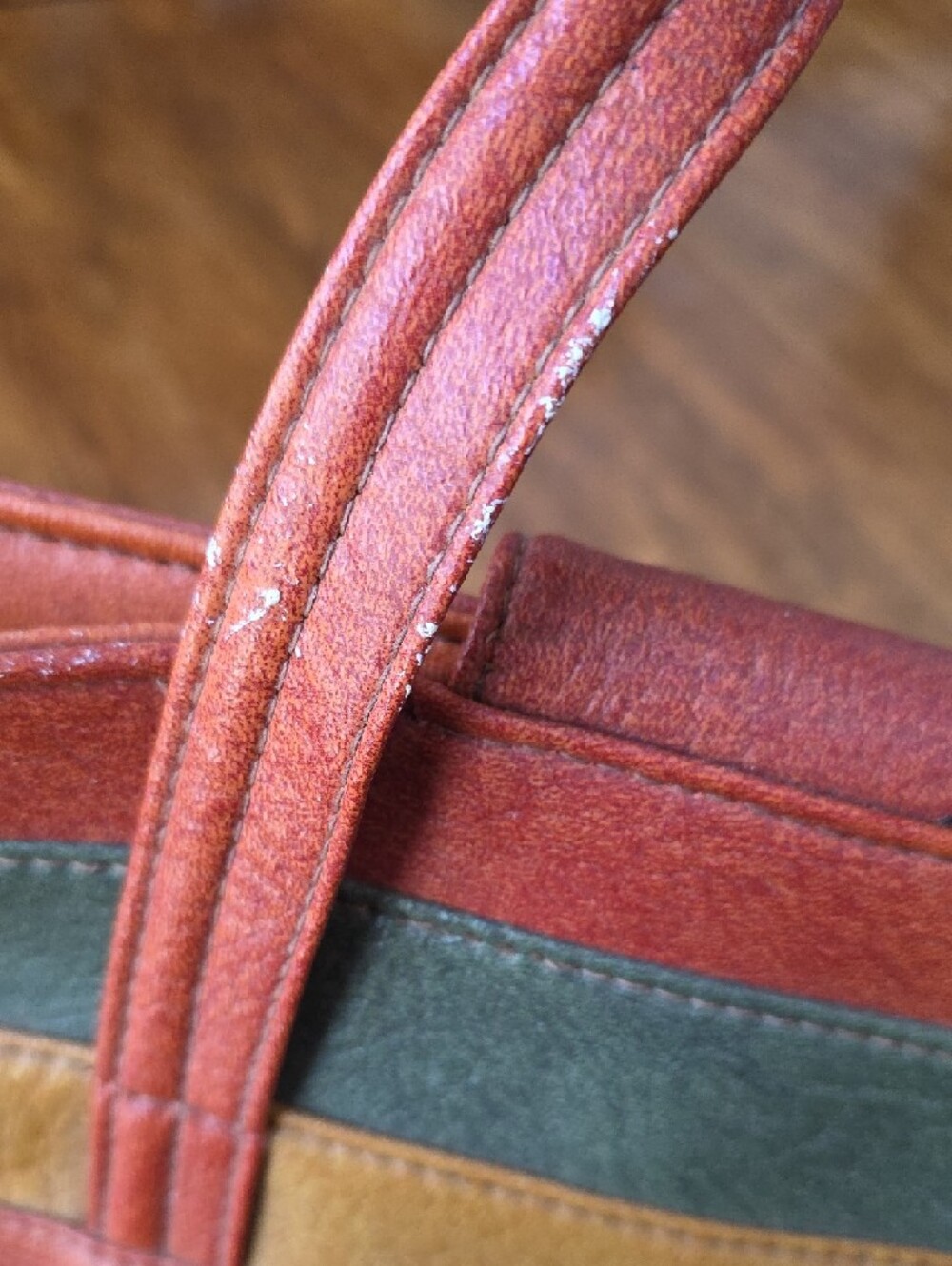 Vintage 1970s Vinyl Striped Multi-Color Tote - Rust, Cream, Green & Brown - Picture 11 of 12